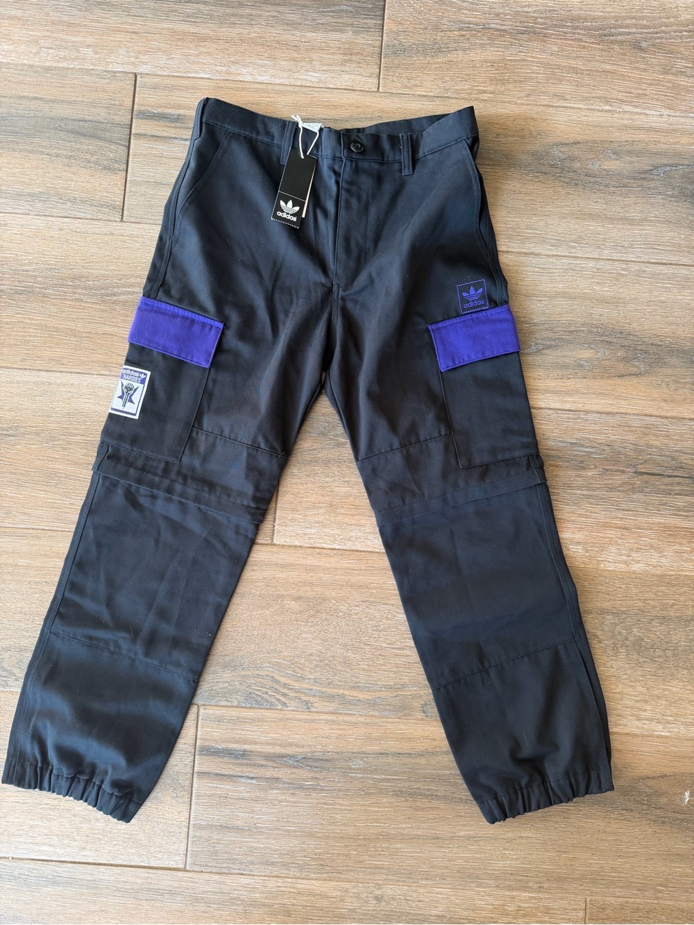 NWT adidas HARDIES Skateboarding Black Cargo Pants with Purple Pocket Panels
